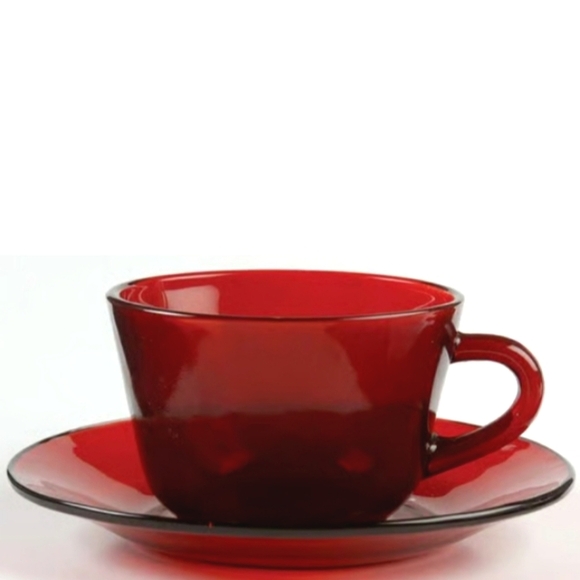 Vintage Ruby Blood Red Glass Cup  Saucer Set Cafecore Tea Coffee Anchor Hocking - Picture 1 of 11